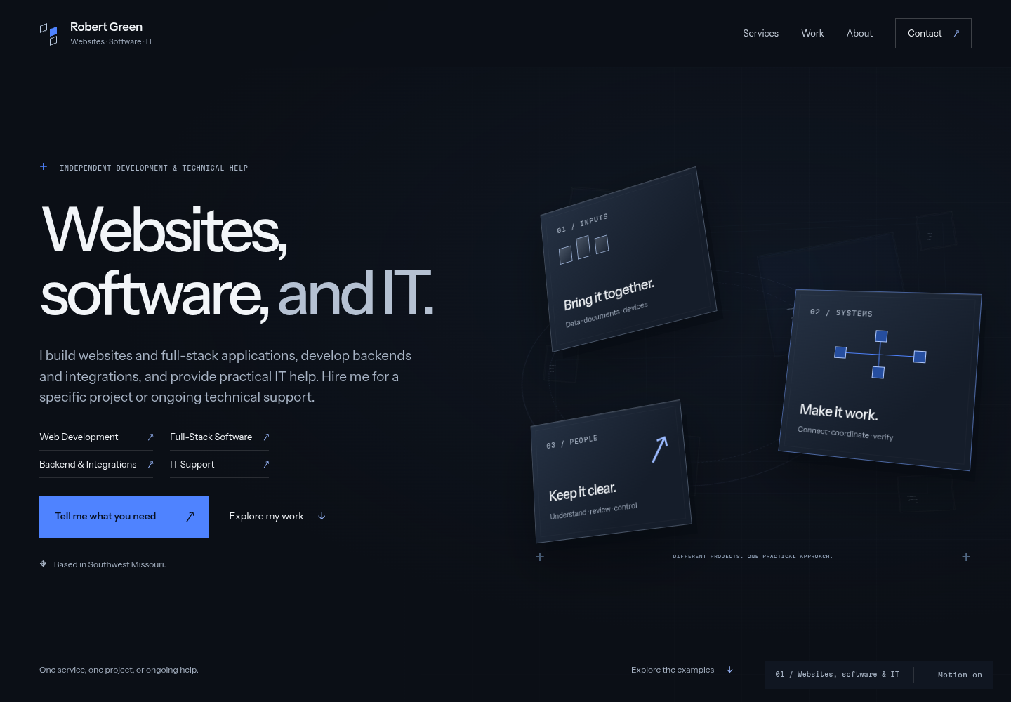 Robert Green’s own portfolio homepage, showing the four independent services and its silver and blue interface composition.
